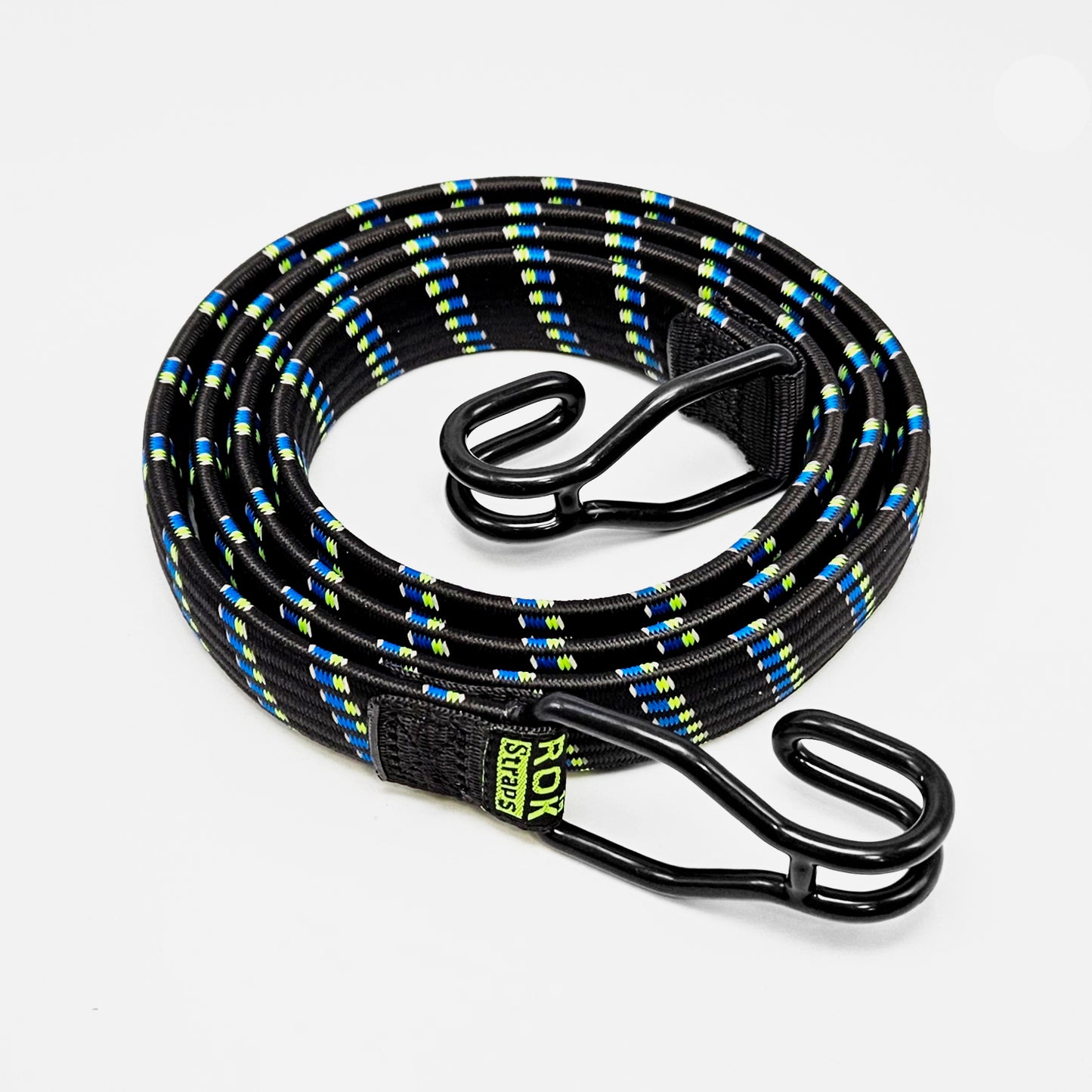ROKStraps Adjustable cargo strap rolled up, displaying flat elastic strap, reflective stitching, and compact storage design