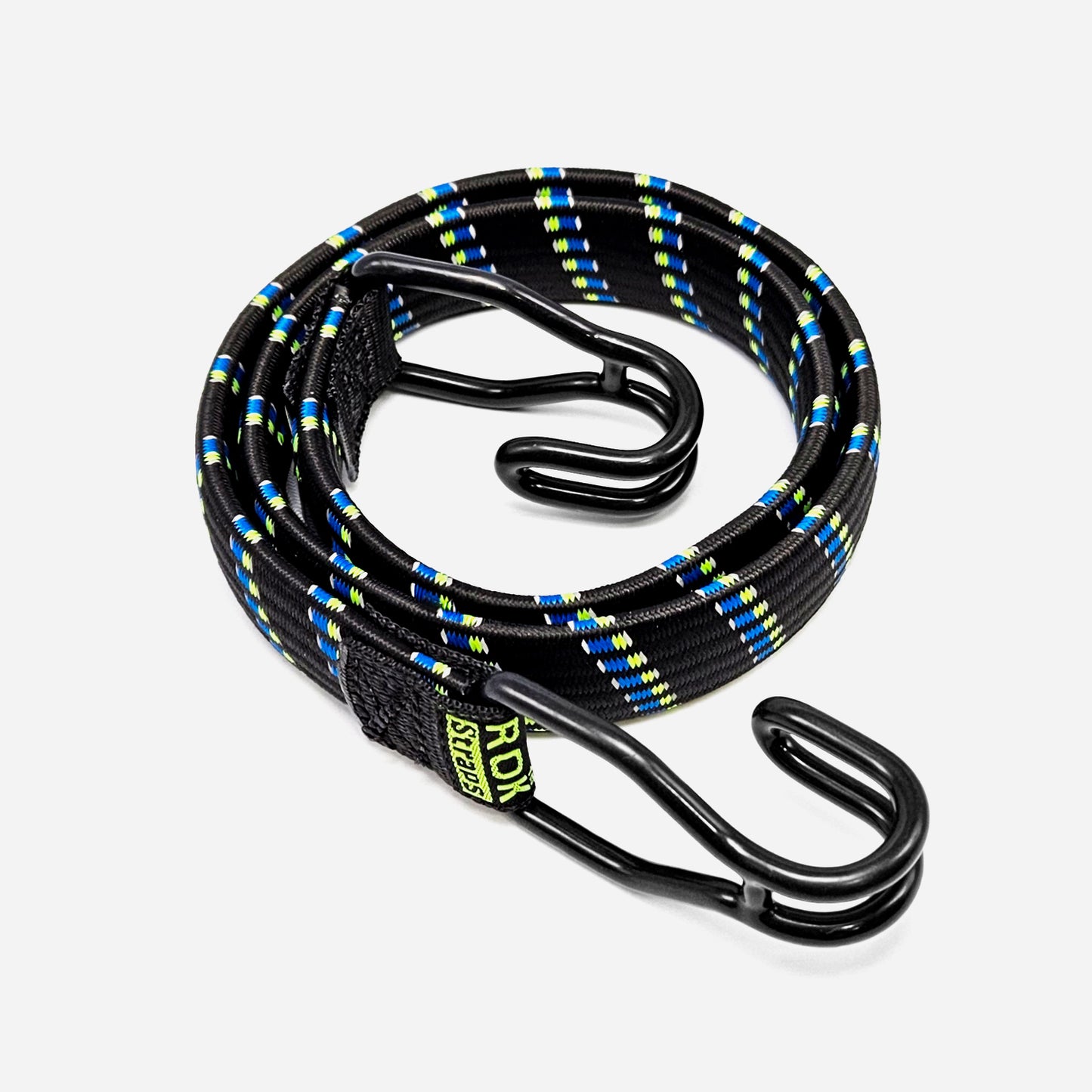 A coiled flat cargo strap with black rubber body, blue and yellow accent stripes, and attached black metal hooks with protective plastic coating.