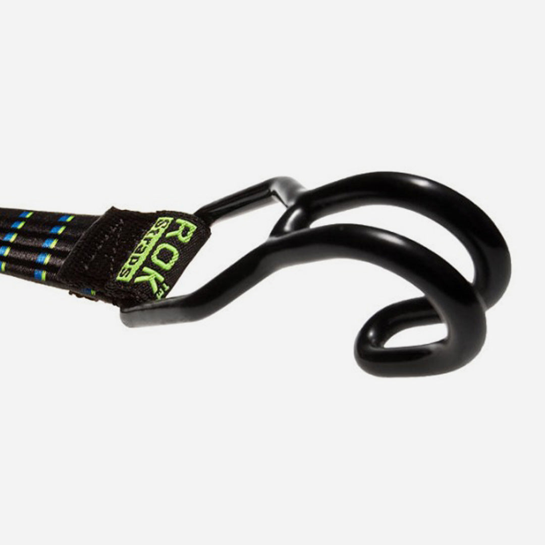 Close-up of ROKStraps double-shank steel hook coated in protective plastic, rounded ends for scratch-free, secure cargo fastening