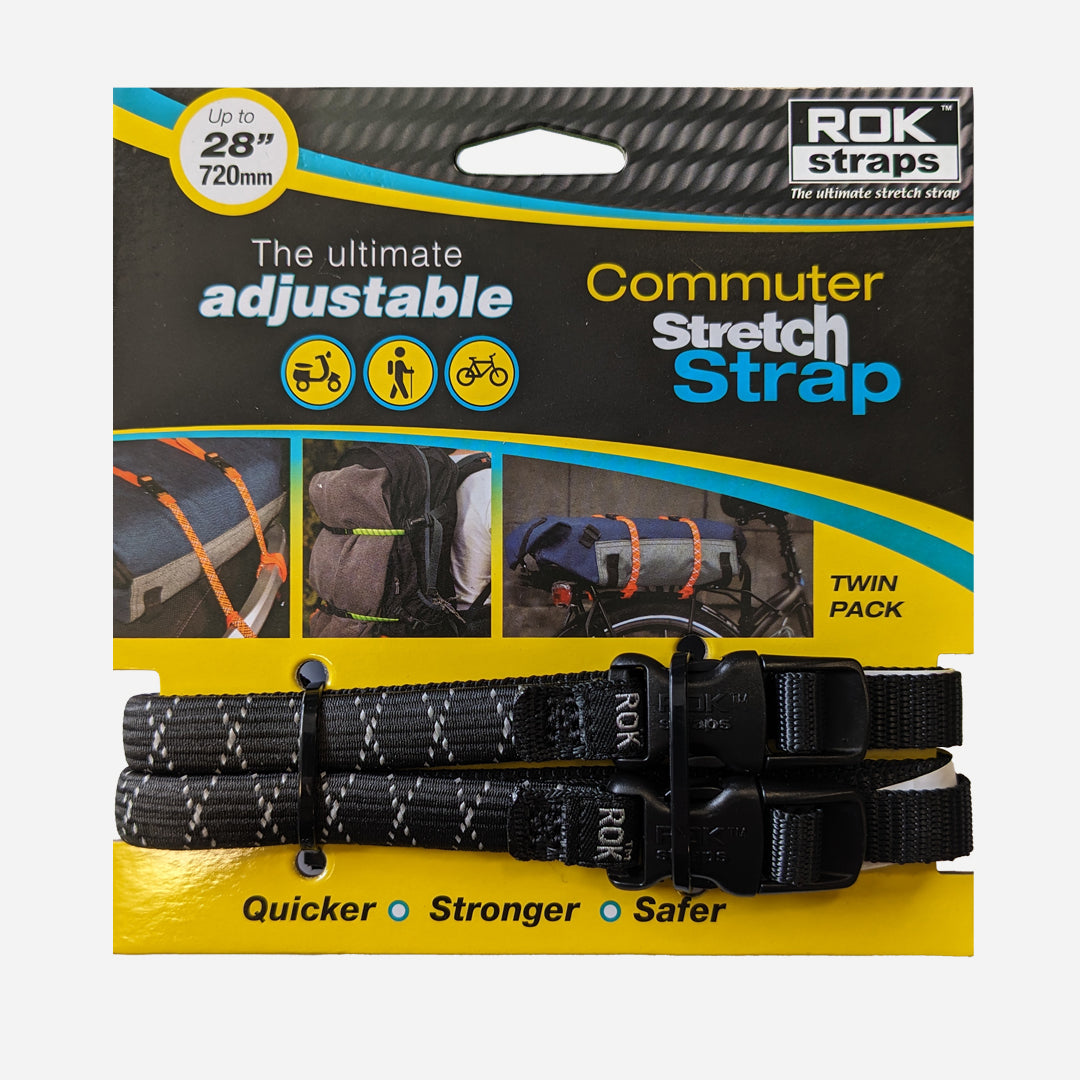 Packaging of Rokstraps Commuter Stretch Strap, showing the strap itself and the text highlighting features such as 'ultimate adjustable', 'quicker', 'stronger', and 'safer'.