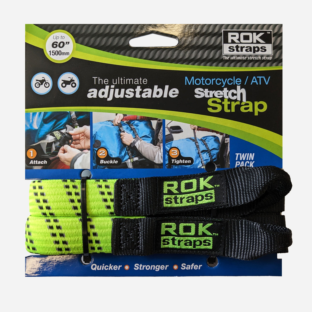 ROKStraps Motorcycle / ATV Stretch Straps in black and green, packaged, with quick-release buckle and flat elastic strap for motorcycles and ATVs