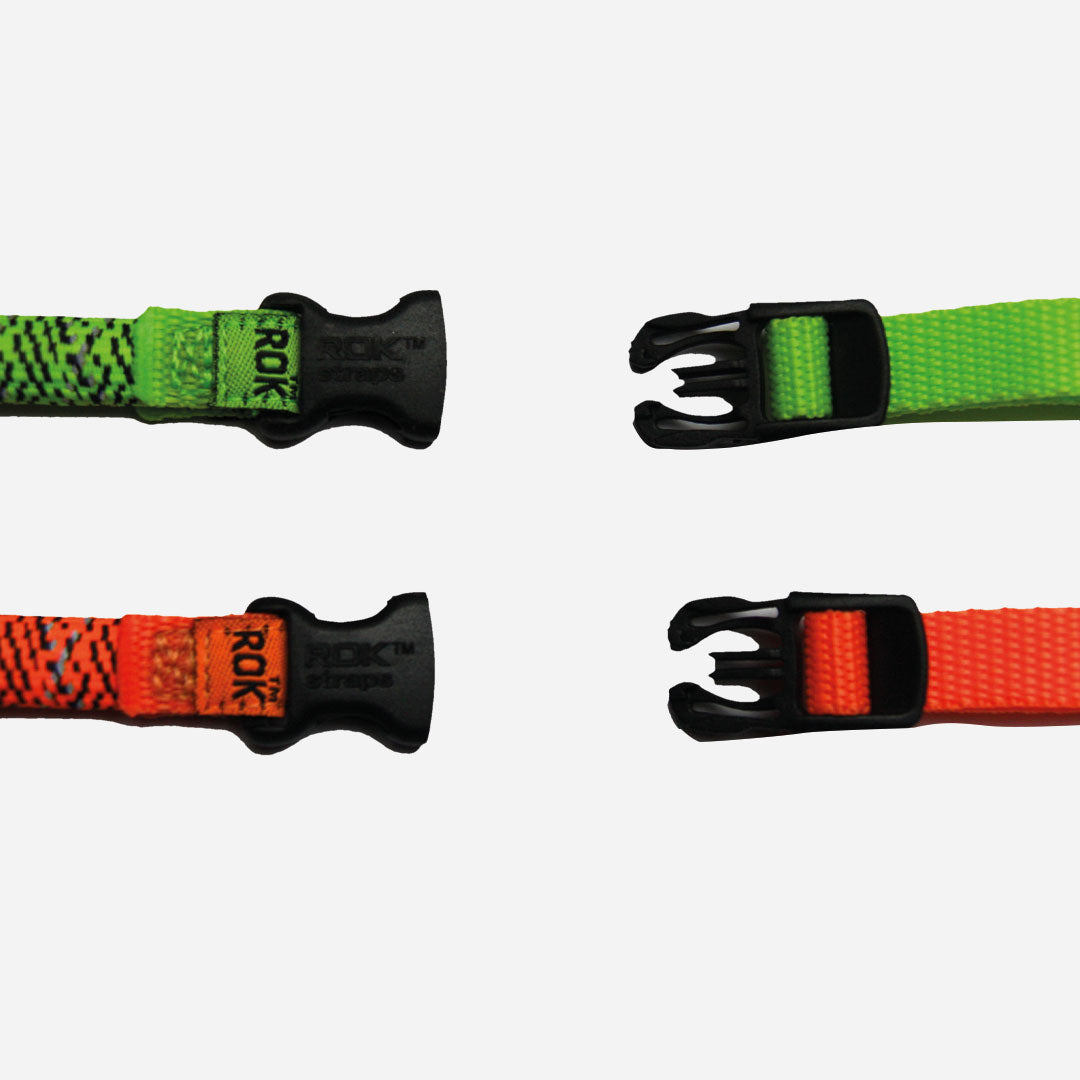 Close-up of ROKStraps Commuter Stretch Strap quick-release buckle, highlighting durable construction and secure fastening for bike luggage