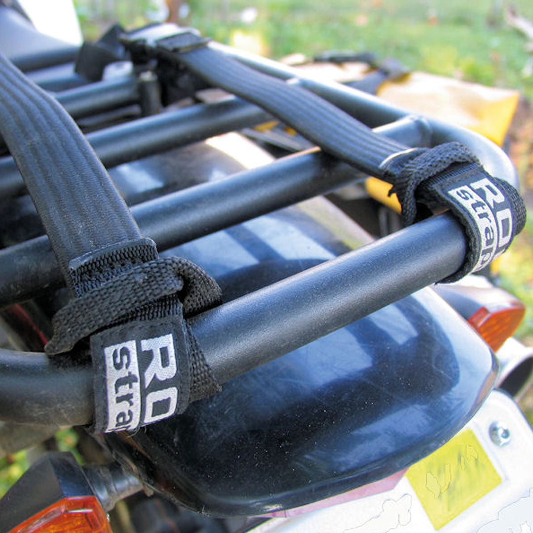 Close-up of ROKStraps Motorcycle / ATV Stretch Straps fastened with quick-release buckles, highlighting secure flat strap and durability