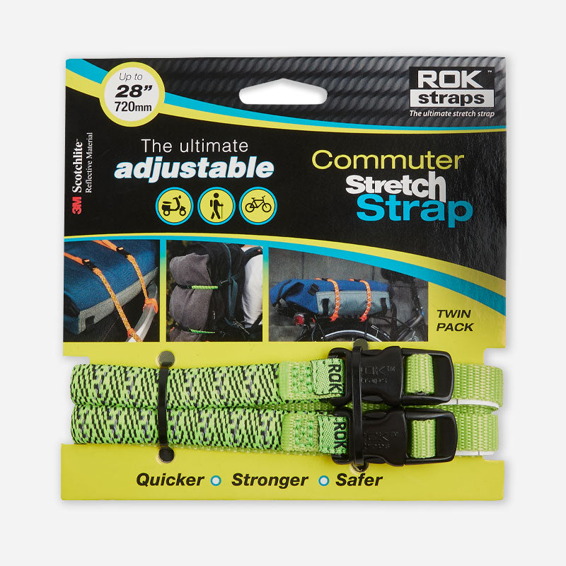 ROKStraps Commuter Stretch Strap in green, packaged, featuring durable flat strap and quick-release buckle for bike and motorcycle gear