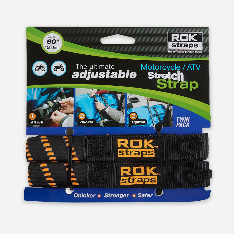 ROKStraps Motorcycle / ATV Stretch Straps in black and orange, packaged, featuring quick-release buckle and strong flat elastic strap design