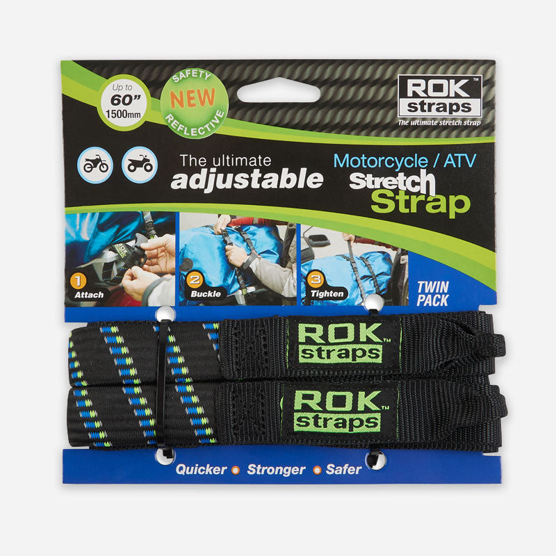 ROKStraps Motorcycle / ATV Stretch Straps in green and black, packaged, with durable flat strap and quick-release buckle for motorbike cargo