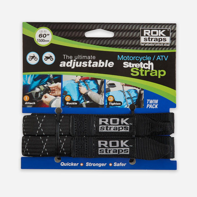 ROKStraps Motorcycle / ATV Stretch Straps in black, packaged, showing compact and durable design with quick-release buckle for secure cargo
