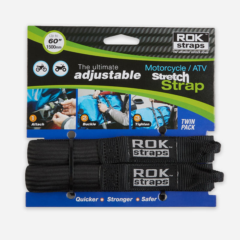 ROKStraps Motorcycle / ATV Stretch Straps in black and white, packaged, showing quick-release buckle and strong elastic strap for secure loads