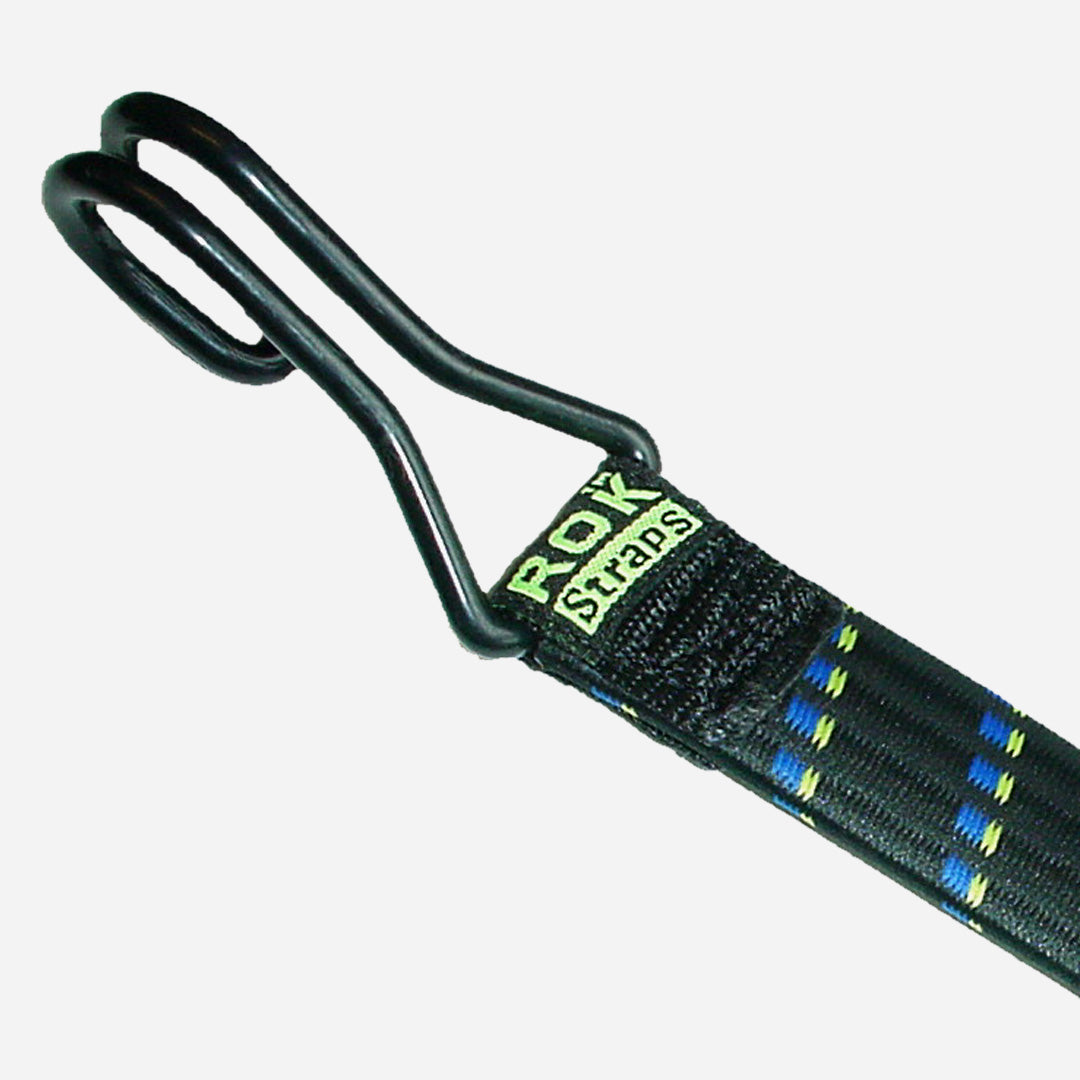 Close-up of ROKStraps All-Purpose Stretch Strap hook, double-shank steel with protective coating and rounded ends for scratch-free cargo security